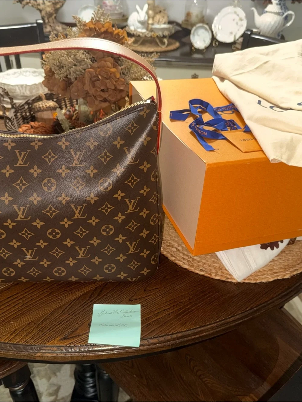 Louis Vuitton Monogram Shoulder Hobo in Brown with Red Trim